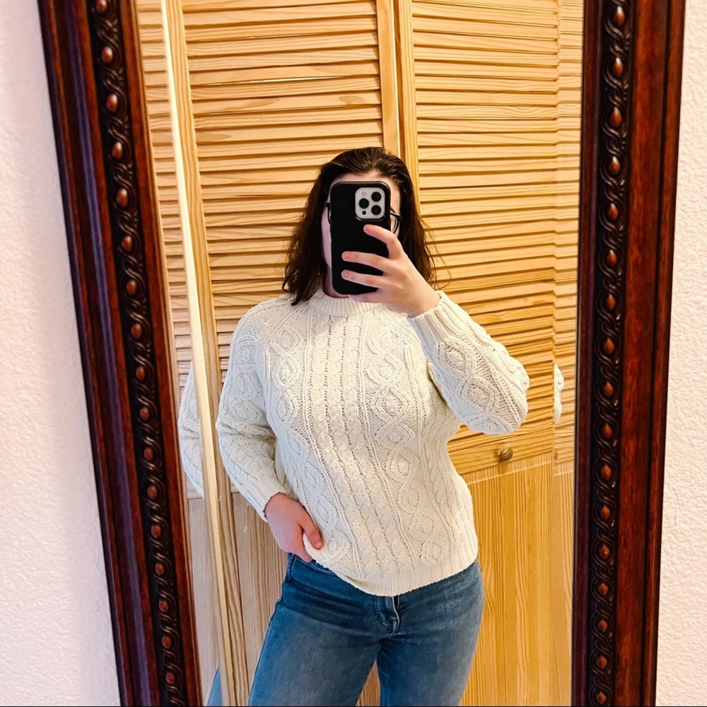 Vintage Chunky Cable Knit Oversized Sweater Cream White Fall Cozy S